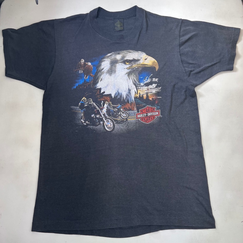 Vtg 1989 Harley Davidson 3D Emblem Eagle Biker T-Shirt XL Black Single Stitch